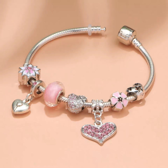 Pandora Bracelet with Pink Themed top Charms